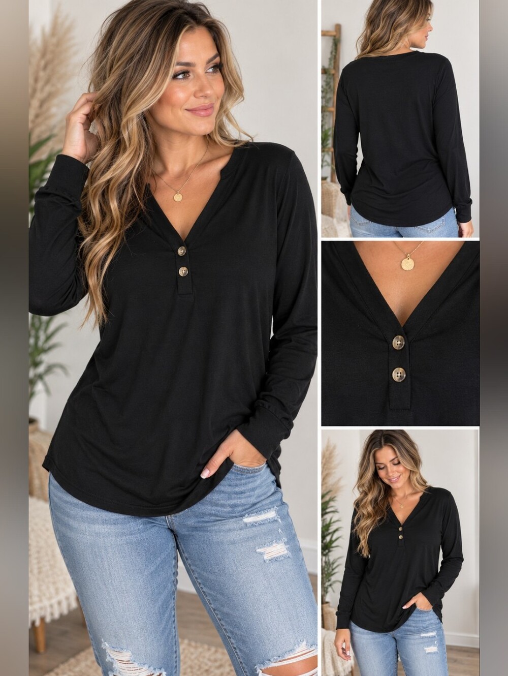 De Sepreso Women’s Large Black Long Sleeve V Neck Button Accent Basic Top NWT